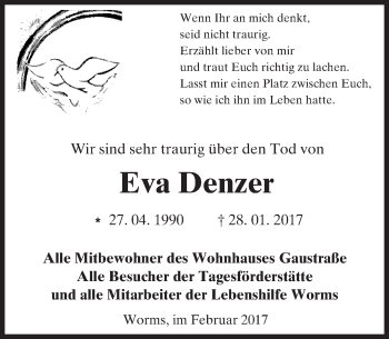 Traueranzeige von Eva Denzer von Trauerportal Rhein Main Presse
