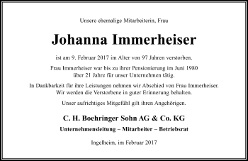 Traueranzeige von Johanna Immerheiser von Trauerportal Rhein Main Presse