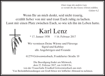 Traueranzeige von Karl Lenz von  Usinger Anzeiger