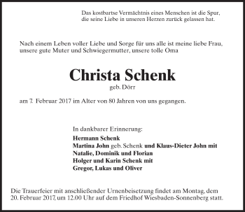 Traueranzeige von Christa Schenk von Trauerportal Rhein Main Presse
