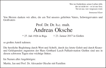 Traueranzeige von Andreas Oksche von  Gießener Anzeiger