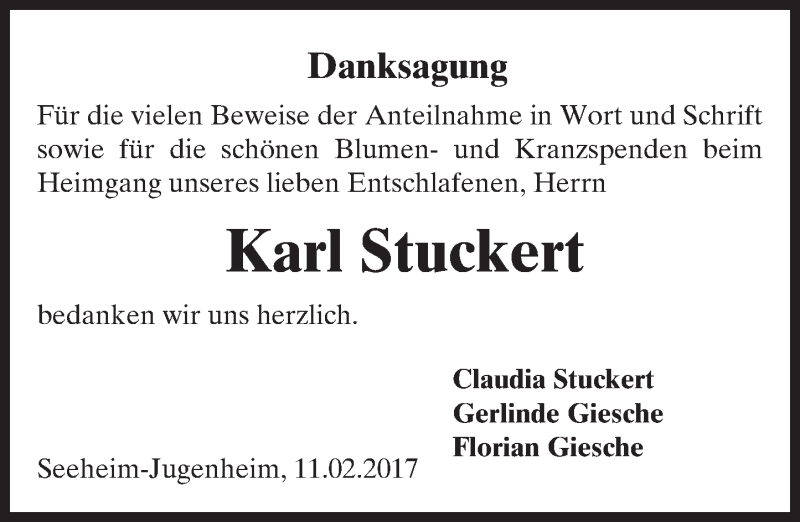  Traueranzeige für Karl Stuckert vom 11.02.2017 aus Trauerportal Rhein Main Presse