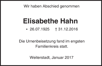 Traueranzeige von Elisabethe Hahn von Trauerportal Echo Online