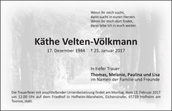 Traueranzeige von Käthe Velten-Völkmann von Trauerportal Rhein Main Presse