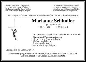 Traueranzeige von Marianne Schindler von  Gießener Anzeiger