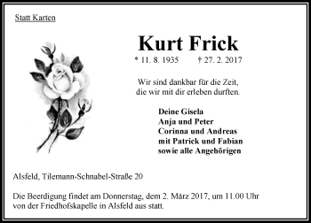 Traueranzeige von Kurt Frick von VRM Trauer