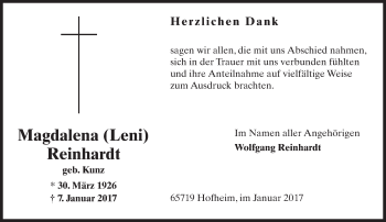 Traueranzeige von Magdalena Reinhardt von Trauerportal Rhein Main Presse