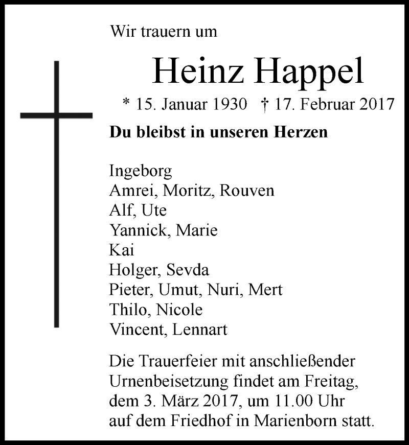 Traueranzeige für Heinz Happel vom 25.02.2017 aus Trauerportal Rhein Main Presse
