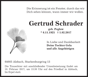 Traueranzeige von Gertrud Schrader von Trauerportal Echo Online