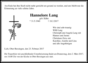 Traueranzeige von Hannelore Lang von  Gießener Anzeiger