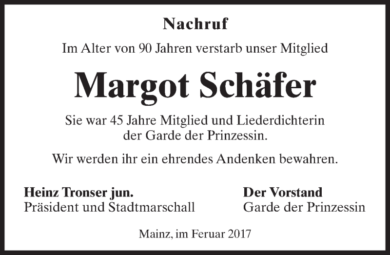  Traueranzeige für Margot Schäfer vom 25.02.2017 aus Trauerportal Rhein Main Presse
