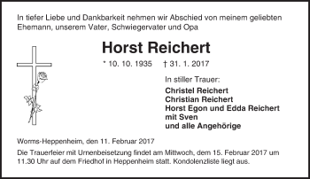Traueranzeige von Horst Reichert von Trauerportal Rhein Main Presse