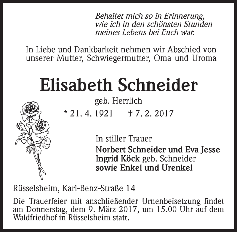  Traueranzeige für Elisabeth Schneider vom 25.02.2017 aus Trauerportal Rhein Main Presse