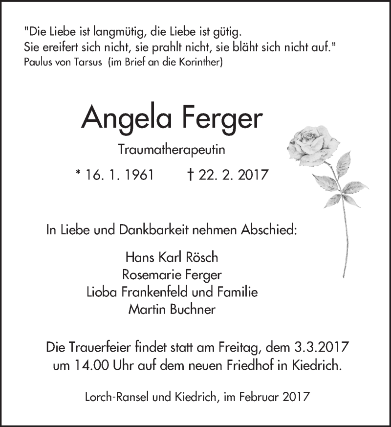  Traueranzeige für Angela Ferger vom 01.03.2017 aus Trauerportal Rhein Main Presse