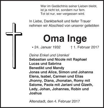 Traueranzeige von Inge Kinzer von  Kreisanzeiger