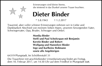 Traueranzeige von Dieter Binder von Trauerportal Echo Online
