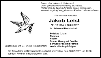 Traueranzeige von Jakob Leist von Trauerportal Echo Online