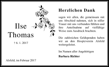 Traueranzeige von Ilse Thomas von VRM Trauer