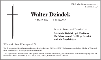 Traueranzeige von Walter Dziadek von Trauerportal Rhein Main Presse