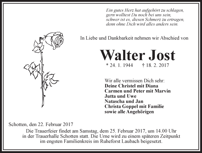  Traueranzeige für Walter Jost vom 22.02.2017 aus  Kreisanzeiger