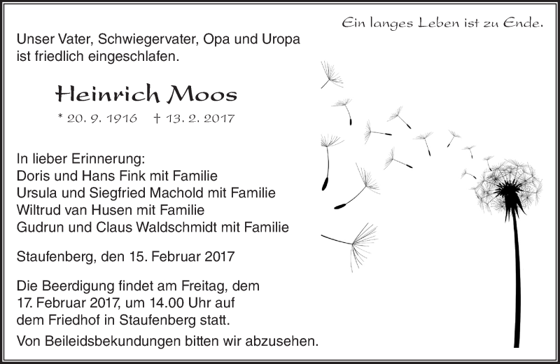  Traueranzeige für Heinrich Moos vom 15.02.2017 aus  Gießener Anzeiger