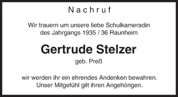 Traueranzeige von Gertrude Stelzer von Trauerportal Rhein Main Presse