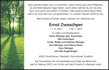 Traueranzeige von Ernst Zweschper von Trauerportal Echo Online