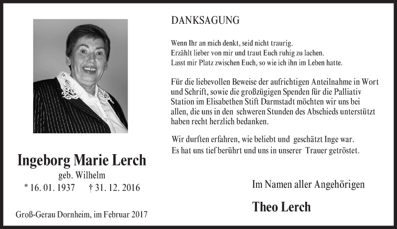  Traueranzeige für Ingeborg Marie Lerch vom 11.02.2017 aus Trauerportal Echo Online