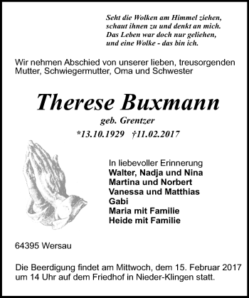 Traueranzeige von Therese Buxmann von Trauerportal Echo Online