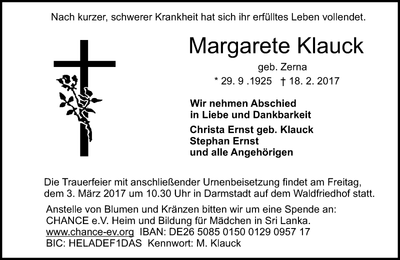  Traueranzeige für Margarete Klauck vom 25.02.2017 aus Trauerportal Echo Online