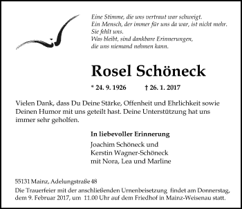 Traueranzeige von Rosel Schöneck von Trauerportal Rhein Main Presse