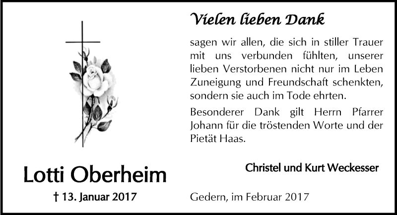  Traueranzeige für Lotti Oberheim vom 18.02.2017 aus  Kreisanzeiger