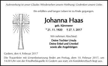 Traueranzeige von Johanna Haas von  Kreisanzeiger
