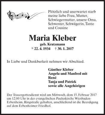 Traueranzeige von Maria Kleber von Trauerportal Rhein Main Presse