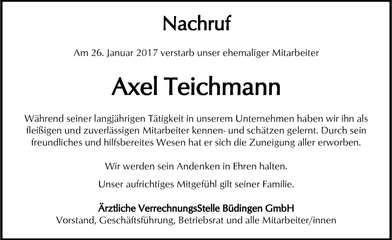 Traueranzeige für Axel Teichmann vom 18.02.2017 aus  Kreisanzeiger