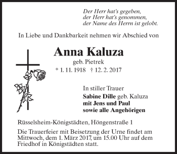 Traueranzeige von Anna Kaluza von Trauerportal Rhein Main Presse