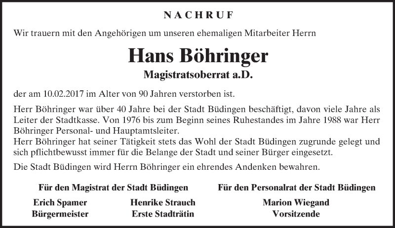  Traueranzeige für Hans Böhringer vom 18.02.2017 aus  Kreisanzeiger