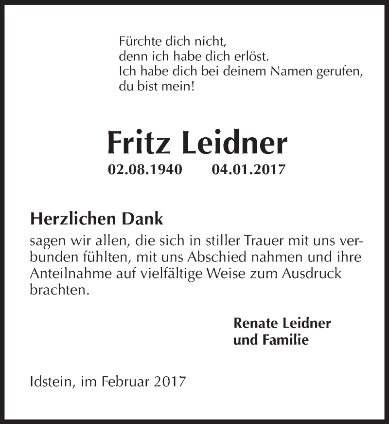  Traueranzeige für Fritz Leidner vom 11.02.2017 aus Trauerportal Rhein Main Presse