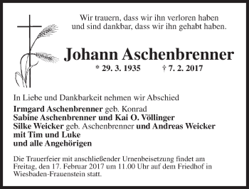 Traueranzeige von Johann Aschenbrenner von Trauerportal Rhein Main Presse