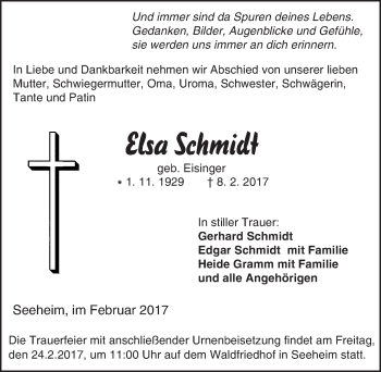 Traueranzeige von Elsa Schmidt von Trauerportal Echo Online
