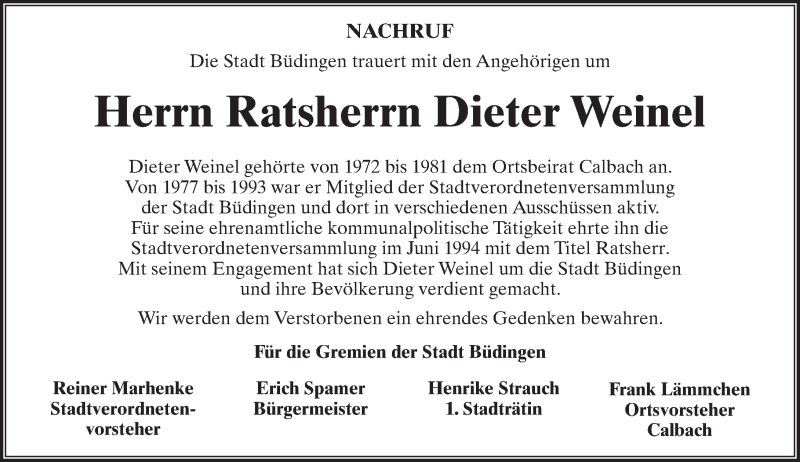  Traueranzeige für Dieter Weinel vom 25.02.2017 aus  Kreisanzeiger