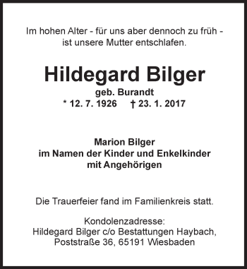Traueranzeige von Hildegard Bilger von Trauerportal Rhein Main Presse