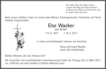 Traueranzeige von Else Wacker von  Gießener Anzeiger