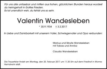 Traueranzeige von Valentin Wandesleben von  Wormser Zeitung