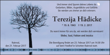 Traueranzeige von Terezija Hädicke von  Kreisanzeiger