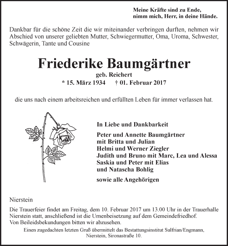  Traueranzeige für Friederike Baumgärtner vom 08.02.2017 aus Trauerportal Rhein Main Presse