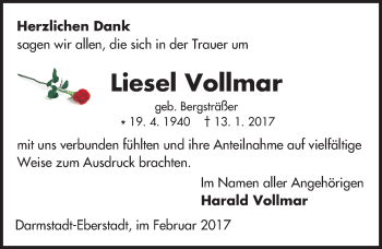 Traueranzeige von Liesel Vollmar von Trauerportal Echo Online