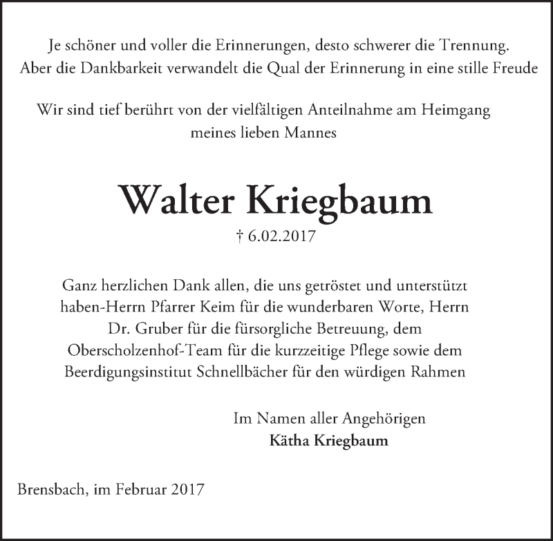 Traueranzeige für Walter Kriegbaum vom 25.02.2017 aus Trauerportal Echo Online