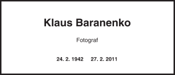 Traueranzeige von Klaus Baranenko von Trauerportal Rhein Main Presse