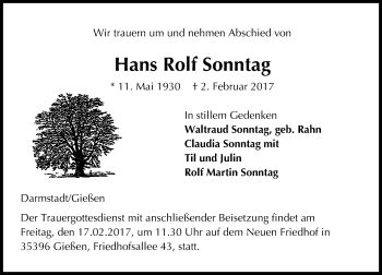 Traueranzeige von Hans Rolf Sonntag von  Gießener Anzeiger